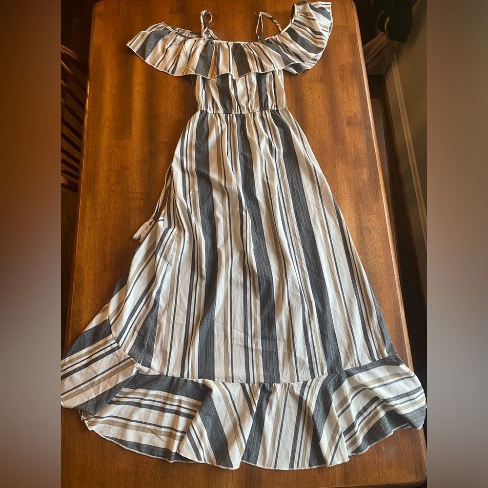 Hint of Blush Spanish Style Tan and Gray Striped Dress